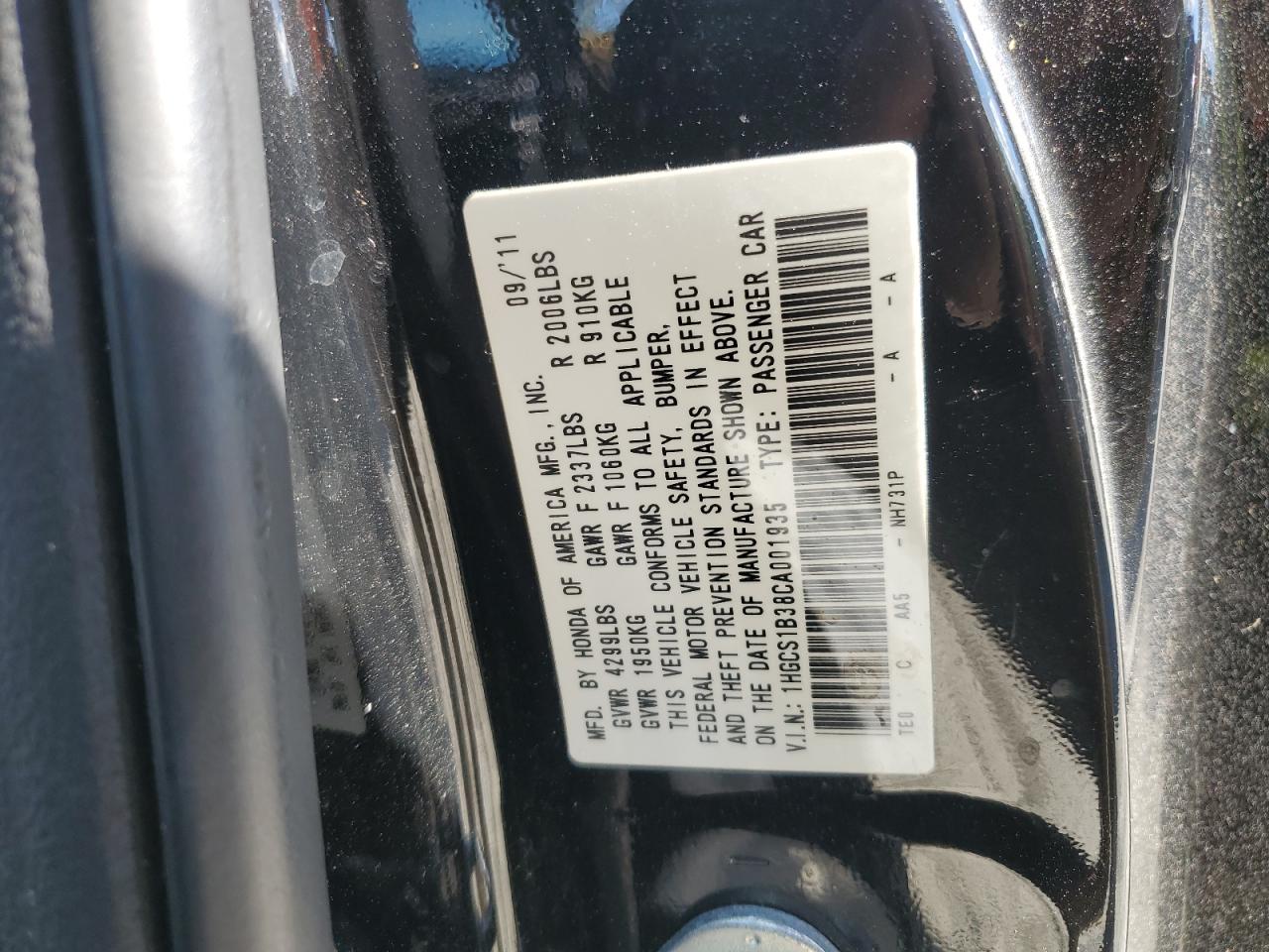 2012 Honda Accord Lx VIN: 1HGCS1B38CA001935 Lot: 84875815