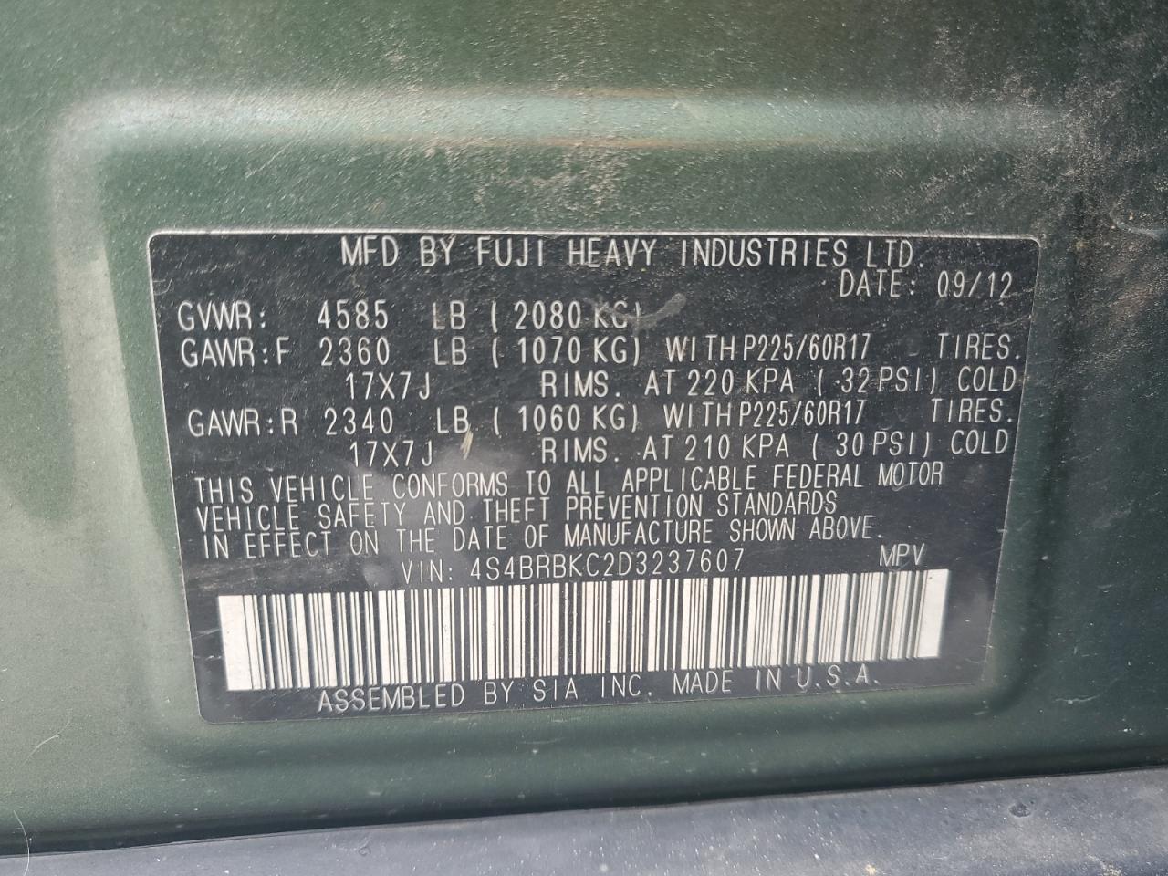 2013 Subaru Outback 2.5I Limited VIN: 4S4BRBKC2D3237607 Lot: 84462475