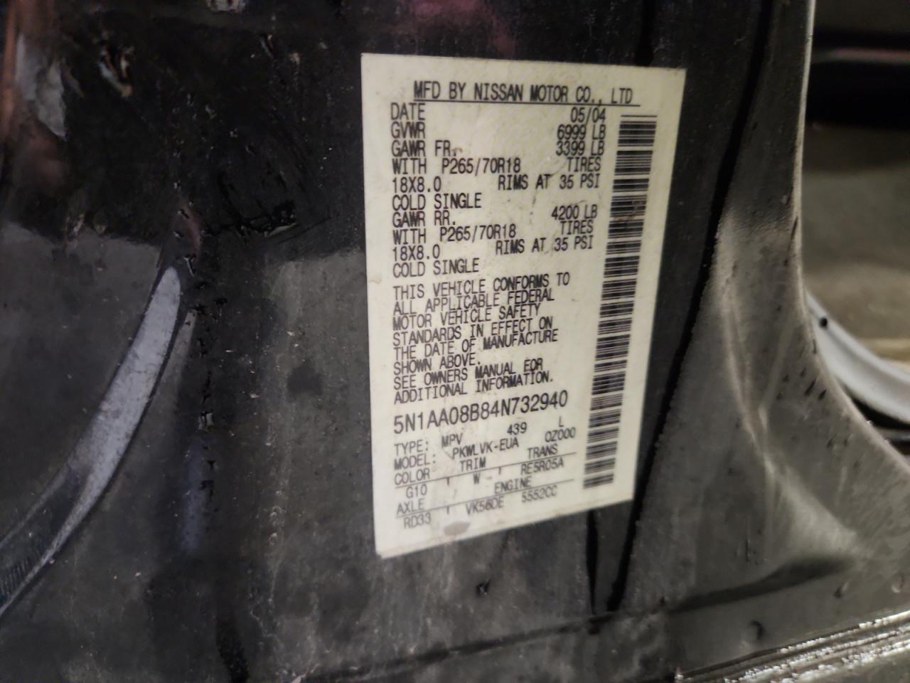 2004 Nissan Armada Se VIN: 5N1AA08B84N732940 Lot: 89864965