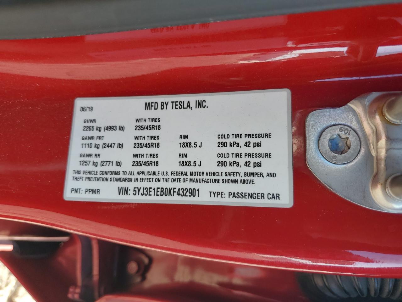 2019 Tesla Model 3 VIN: 5YJ3E1EB0KF432901 Lot: 85558755