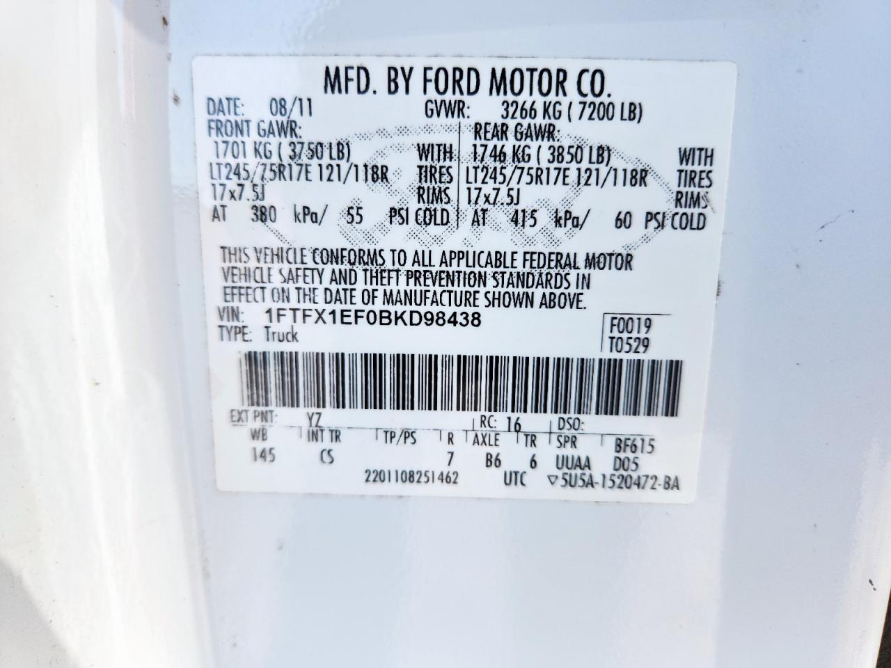 2011 Ford F150 Super Cab VIN: 1FTFX1EF0BKD98438 Lot: 82781225