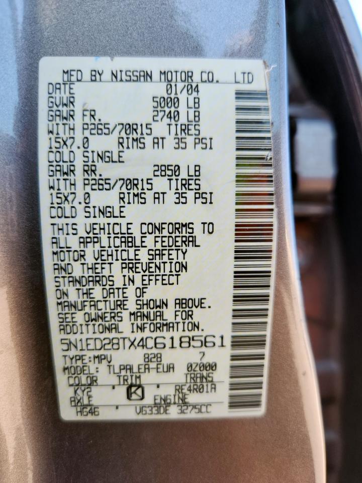 2004 Nissan Xterra Xe VIN: 5N1ED28TX4C618561 Lot: 86225305