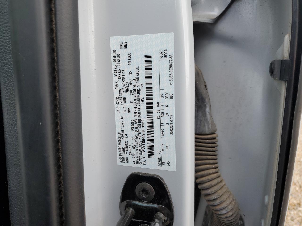 2022 Ford F150 Supercrew VIN: 1FTFW1E84NKE31501 Lot: 89851065