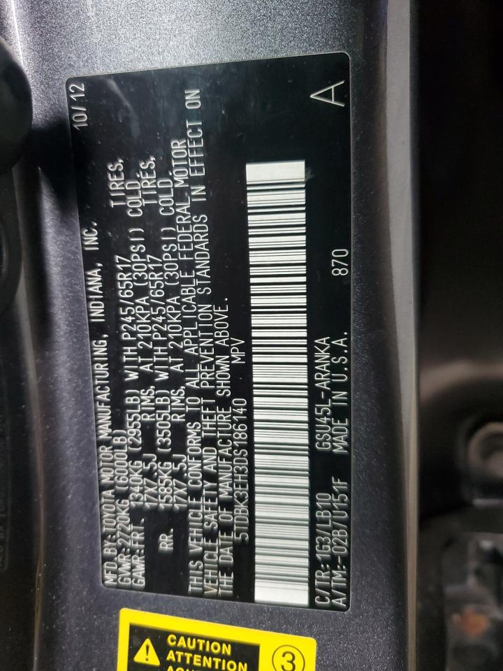 2013 Toyota Highlander Base VIN: 5TDBK3EH3DS186140 Lot: 85667625