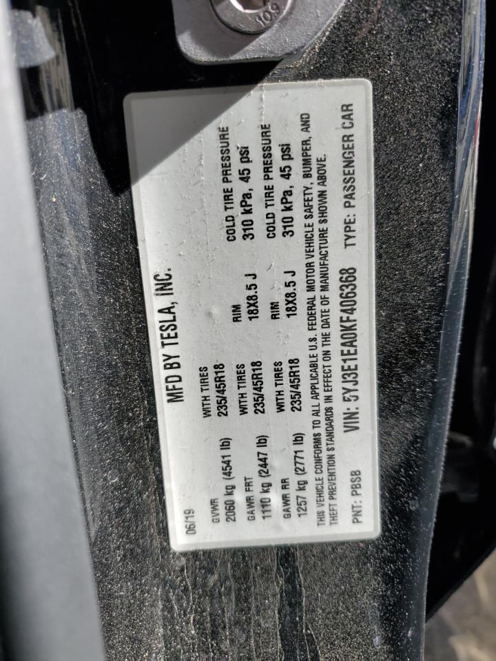 2019 Tesla Model 3 VIN: 5YJ3E1EA0KF406368 Lot: 82621335