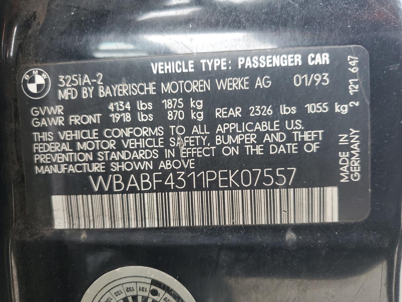 1993 BMW 325 I Automatic VIN: WBABF4311PEK07557 Lot: 85855935