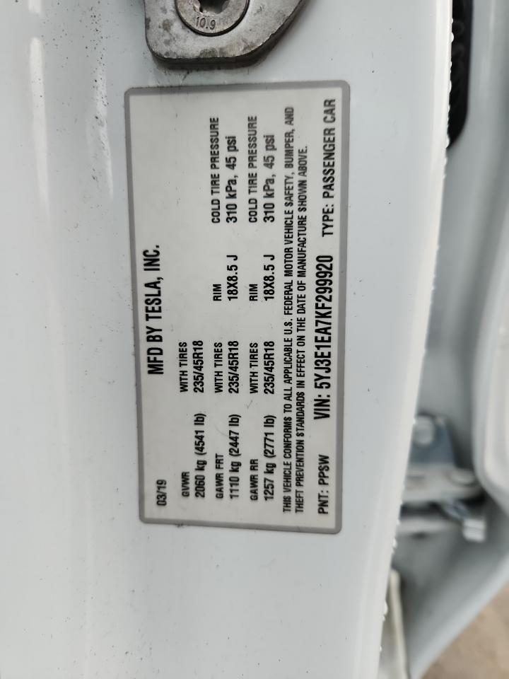 2019 Tesla Model 3 VIN: 5YJ3E1EA7KF299920 Lot: 84637395