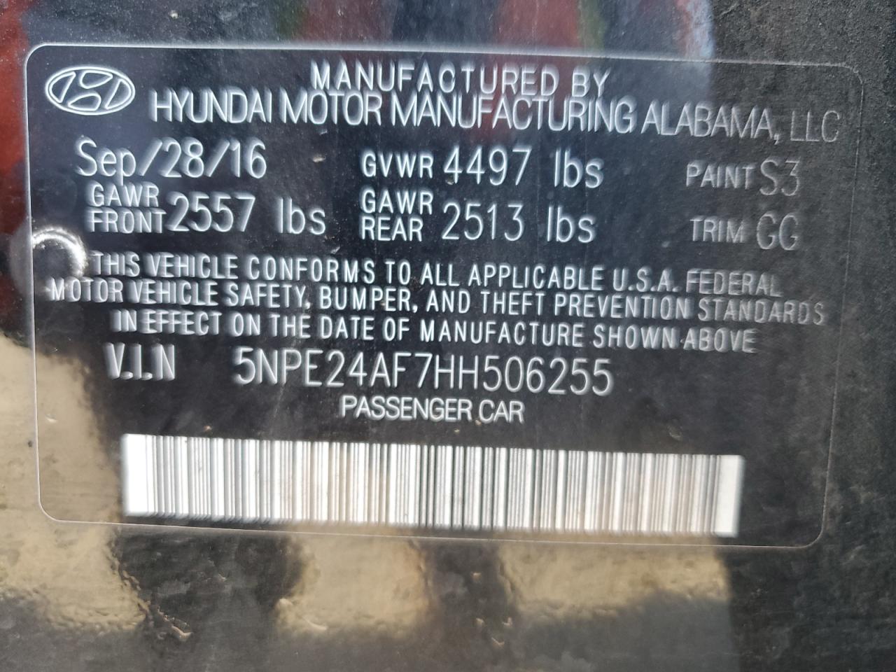 2017 Hyundai Sonata Se VIN: 5NPE24AF7HH506255 Lot: 85080125