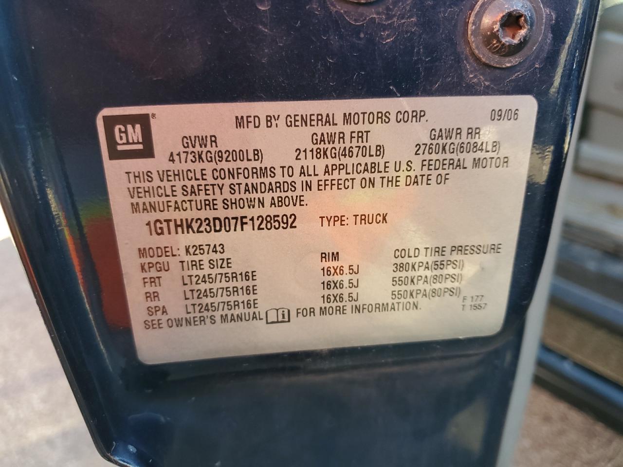 2007 GMC Sierra K2500 Heavy Duty VIN: 1GTHK23D07F128592 Lot: 85261785