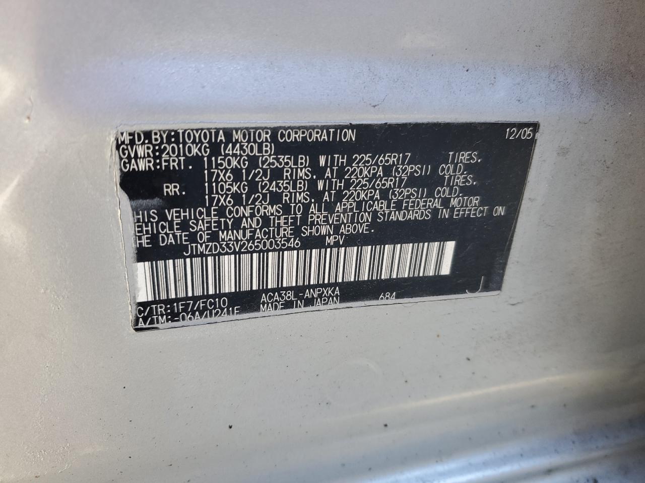 2006 Toyota Rav4 VIN: JTMZD33V265003546 Lot: 84377555