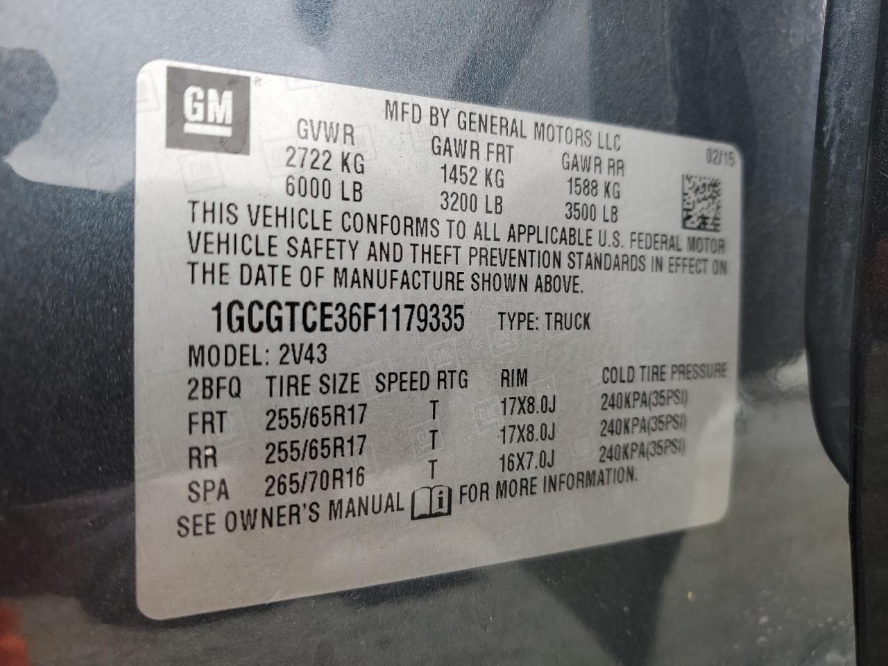 2015 Chevrolet Colorado Z71 VIN: 1GCGTCE36F1179335 Lot: 86334715