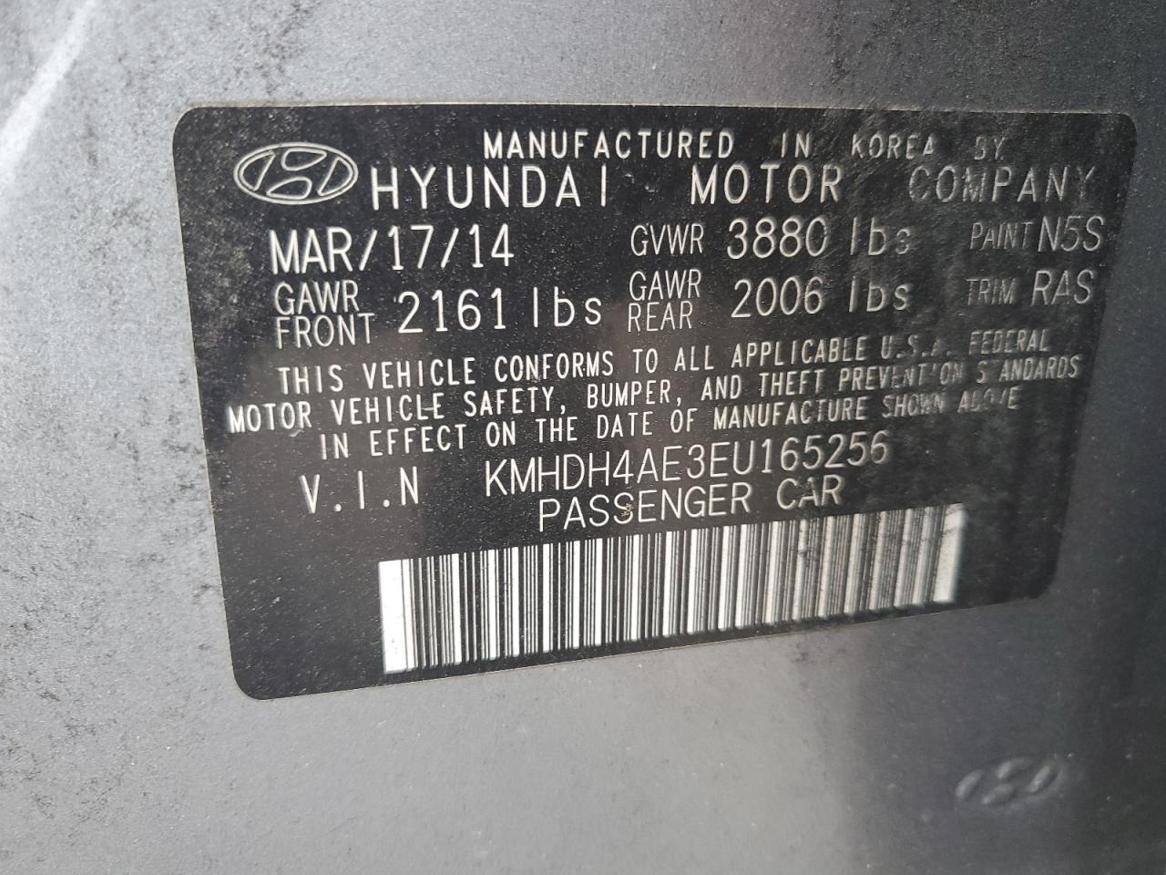 2014 Hyundai Elantra Se VIN: KMHDH4AE3EU165256 Lot: 85371135
