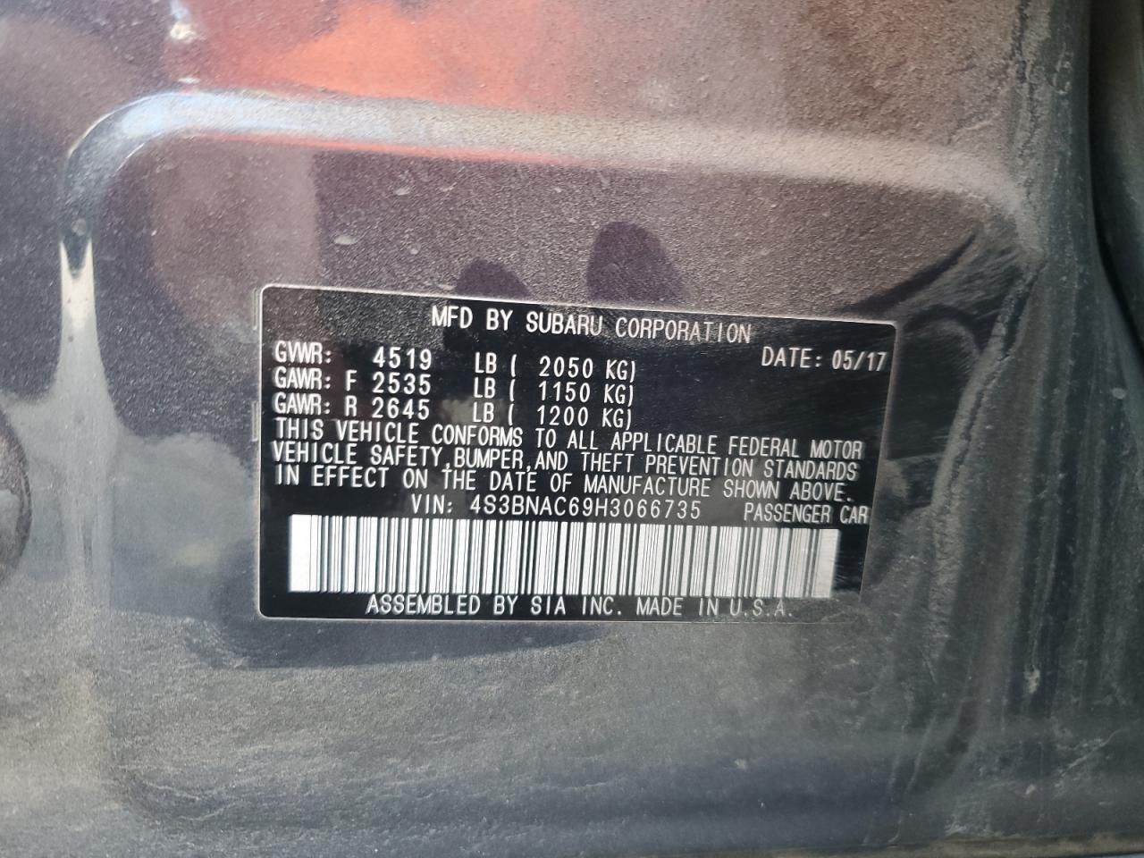 2017 Subaru Legacy 2.5I Premium VIN: 4S3BNAC69H3066735 Lot: 86712895