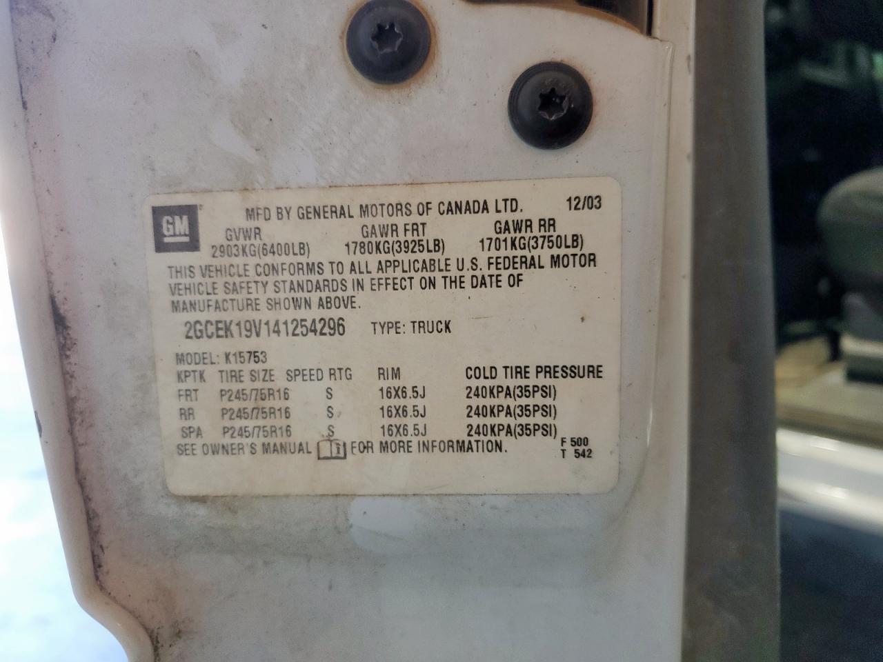 2004 Chevrolet Silverado K1500 VIN: 2GCEK19V141254296 Lot: 82352195