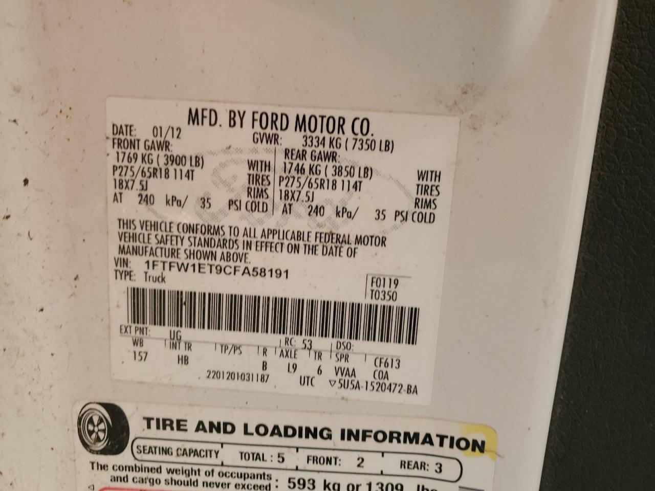 2012 Ford F150 Supercrew VIN: 1FTFW1ET9CFA58191 Lot: 87218285