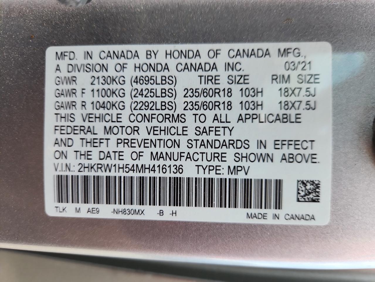 2021 Honda Cr-V Ex VIN: 2HKRW1H54MH416136 Lot: 87245475