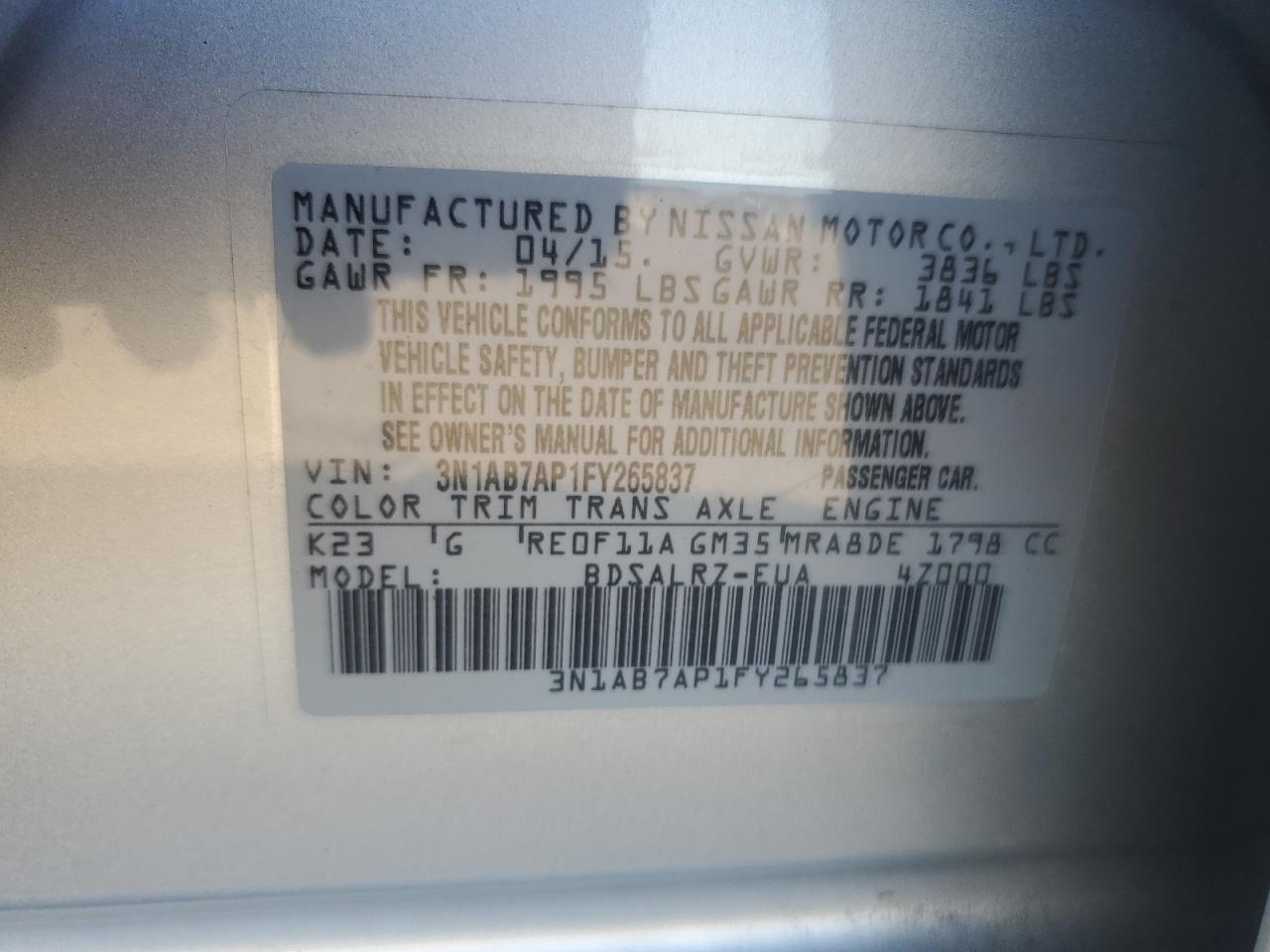 2015 Nissan Sentra S VIN: 3N1AB7AP1FY265837 Lot: 82557045