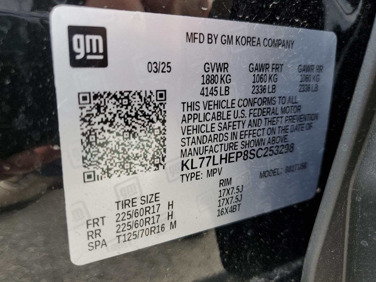 2025 Chevrolet Trax 1Lt VIN: KL77LHEP8SC253298 Lot: 87038955