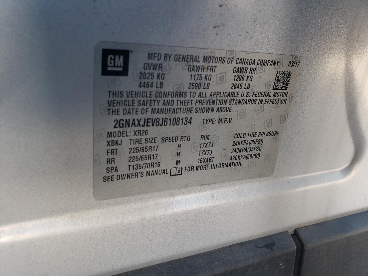 2018 Chevrolet Equinox Lt VIN: 2GNAXJEV8J6108134 Lot: 86463845