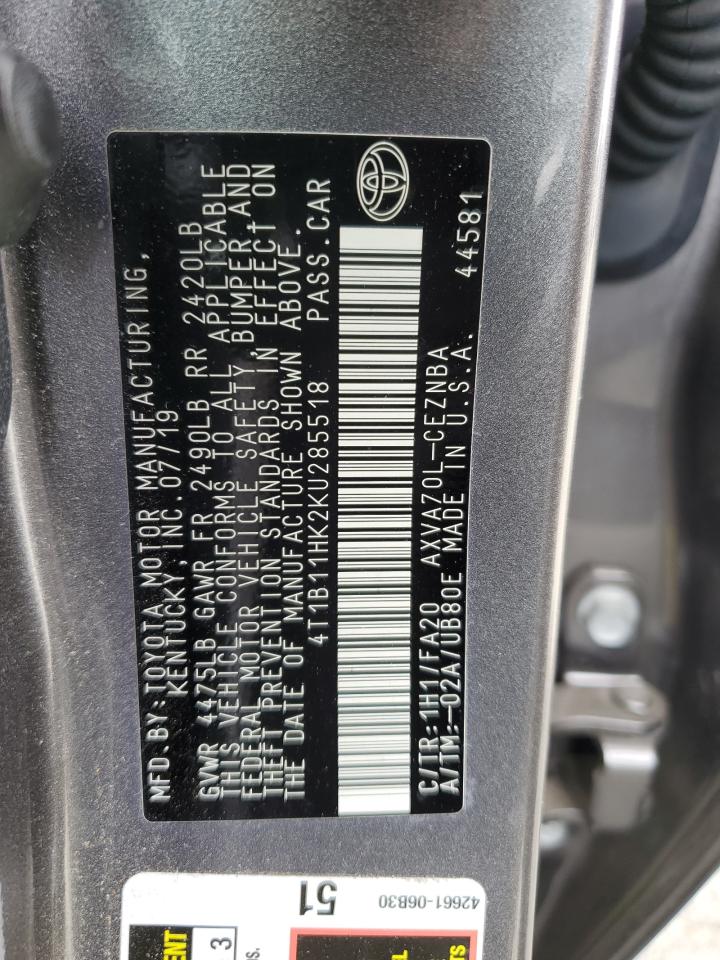 2019 Toyota Camry L VIN: 4T1B11HK2KU285518 Lot: 81914085