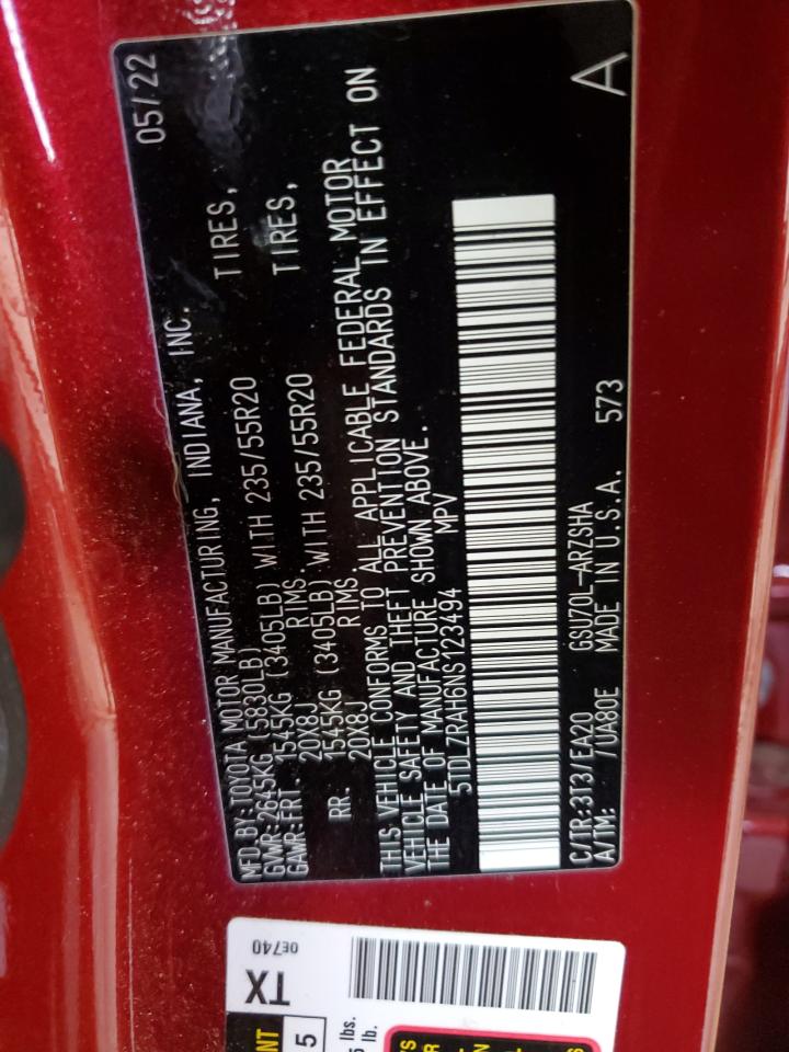 2022 Toyota Highlander Xse VIN: 5TDLZRAH6NS123494 Lot: 90515325