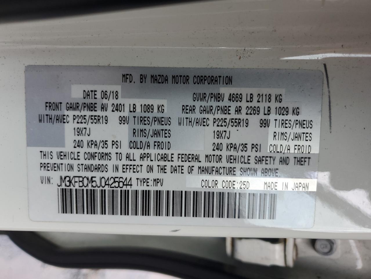 2018 Mazda Cx-5 Touring VIN: JM3KFBCM5J0425644 Lot: 86625625