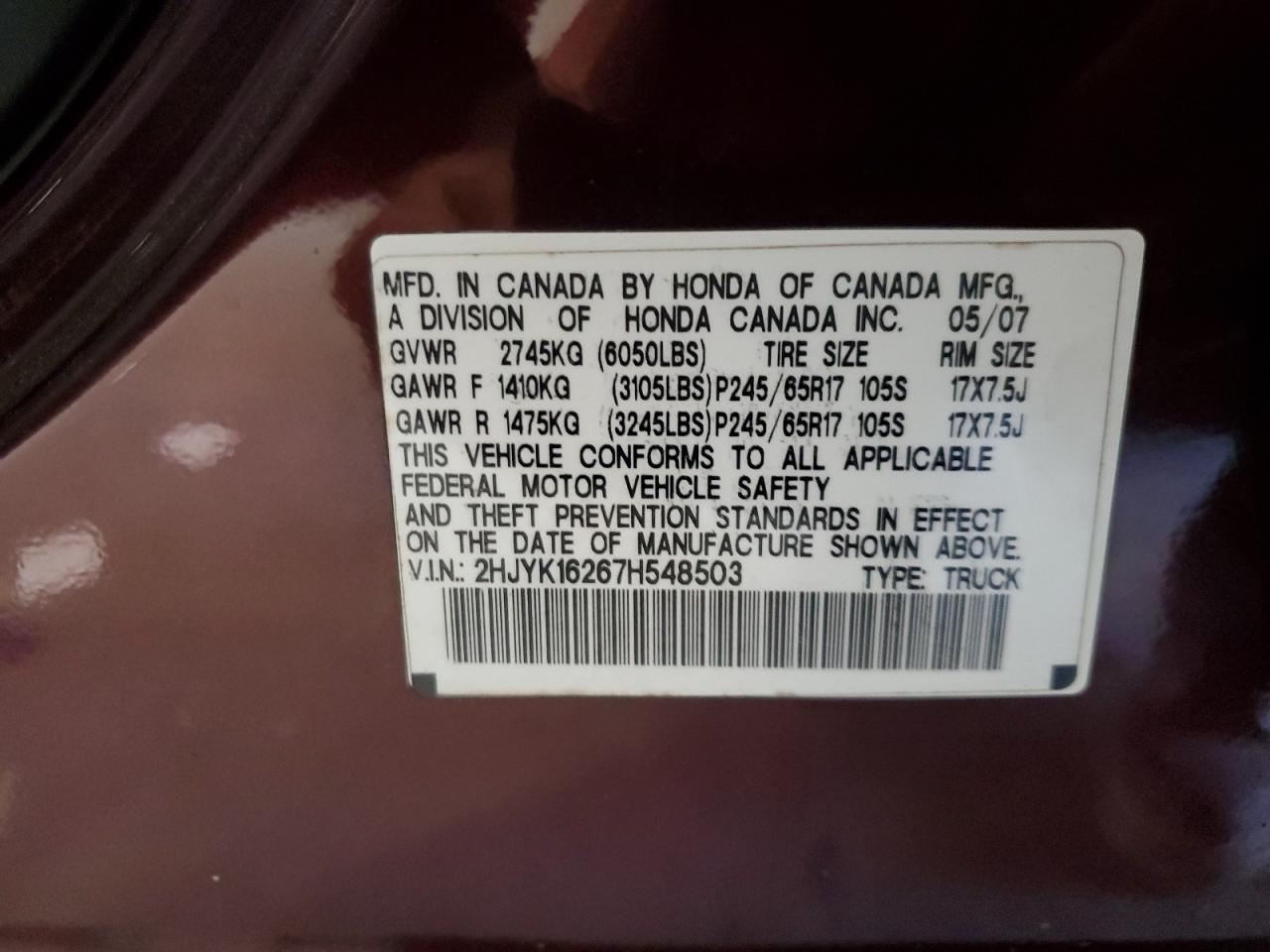 2007 Honda Ridgeline Rt VIN: 2HJYK16267H548503 Lot: 85126955