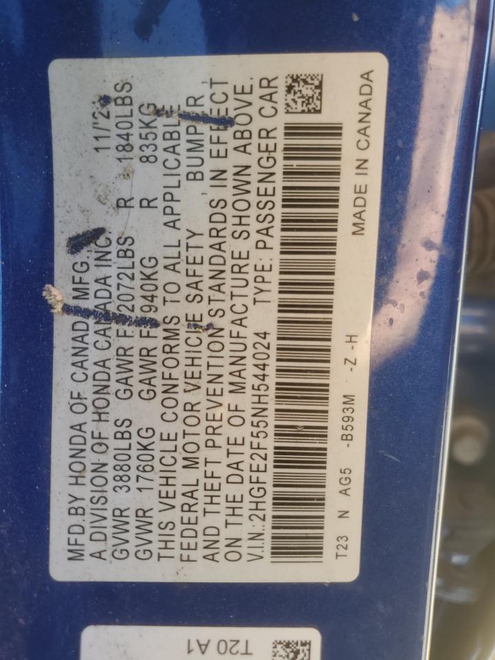 2022 Honda Civic Sport VIN: 2HGFE2F55NH544024 Lot: 86206985