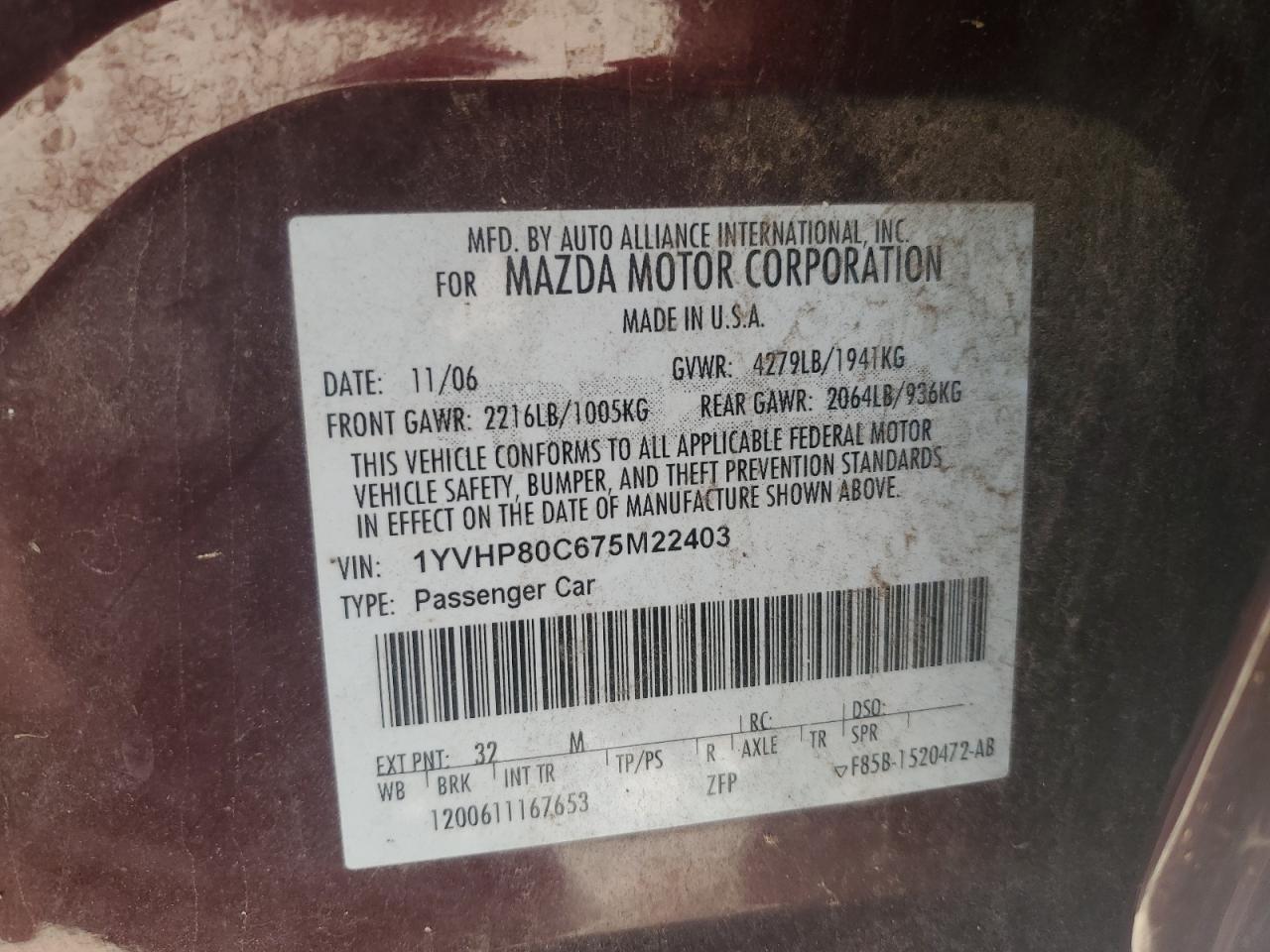 2007 Mazda 6 I VIN: 1YVHP80C675M22403 Lot: 90371335