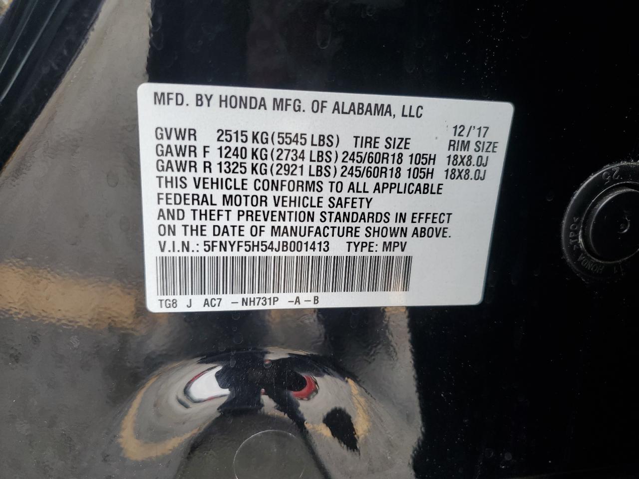 2018 Honda Pilot Exl VIN: 5FNYF5H54JB001413 Lot: 86669255