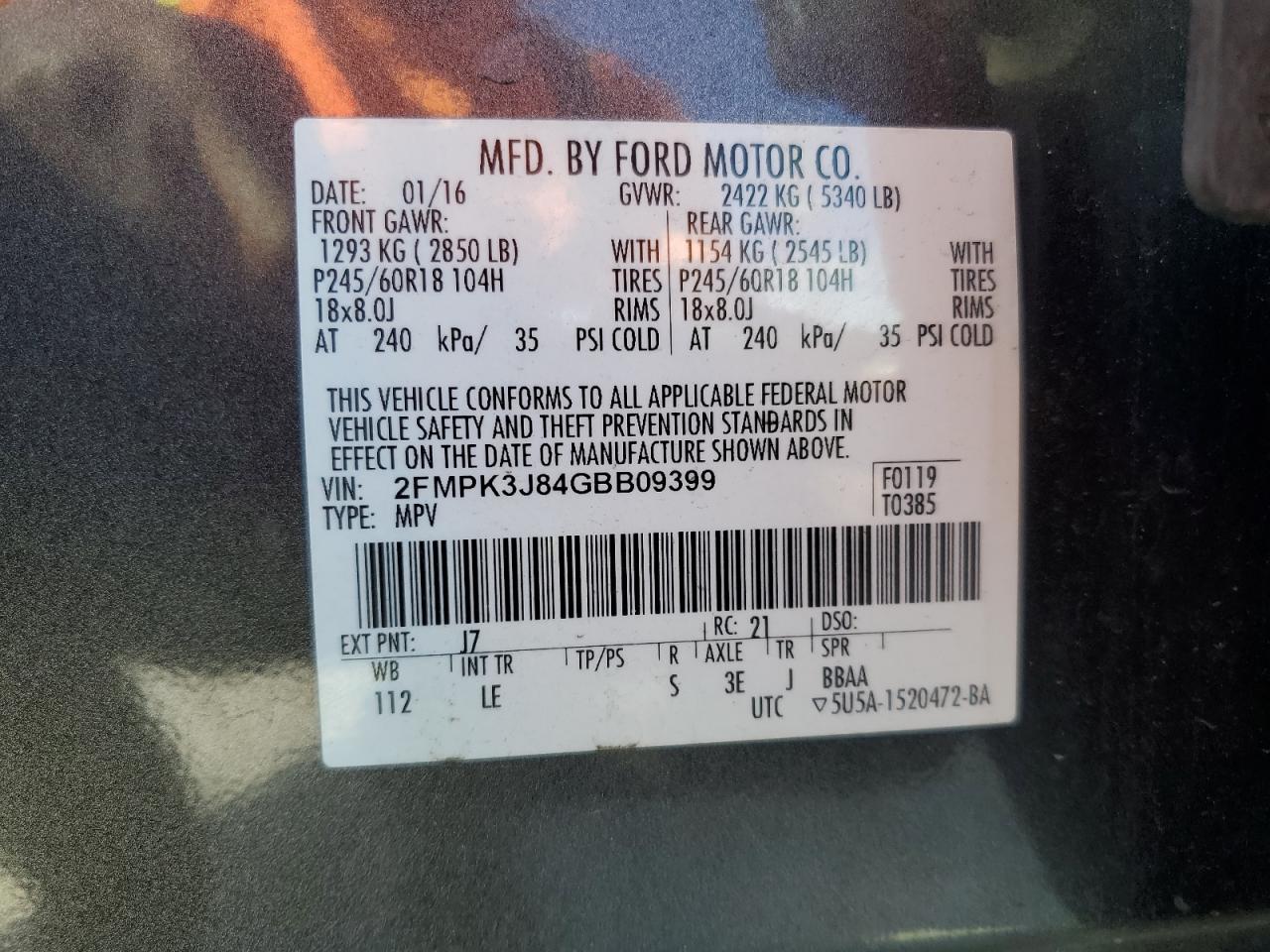 2016 Ford Edge Sel VIN: 2FMPK3J84GBB09399 Lot: 84862535