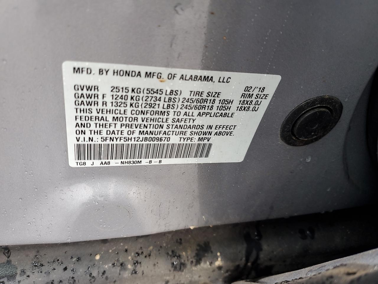 2018 Honda Pilot Lx VIN: 5FNYF5H12JB009670 Lot: 89930975