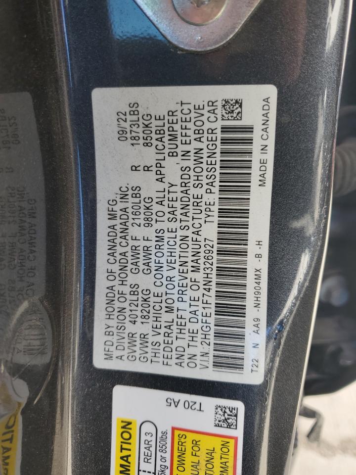 2022 Honda Civic Ex VIN: 2HGFE1F74NH326927 Lot: 84659735