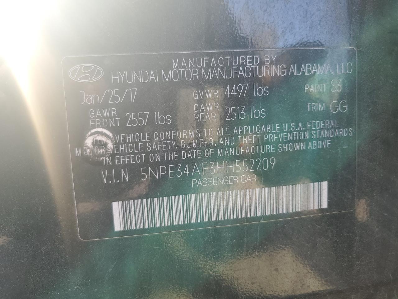 2017 Hyundai Sonata Sport VIN: 5NPE34AF3HH552209 Lot: 85271185