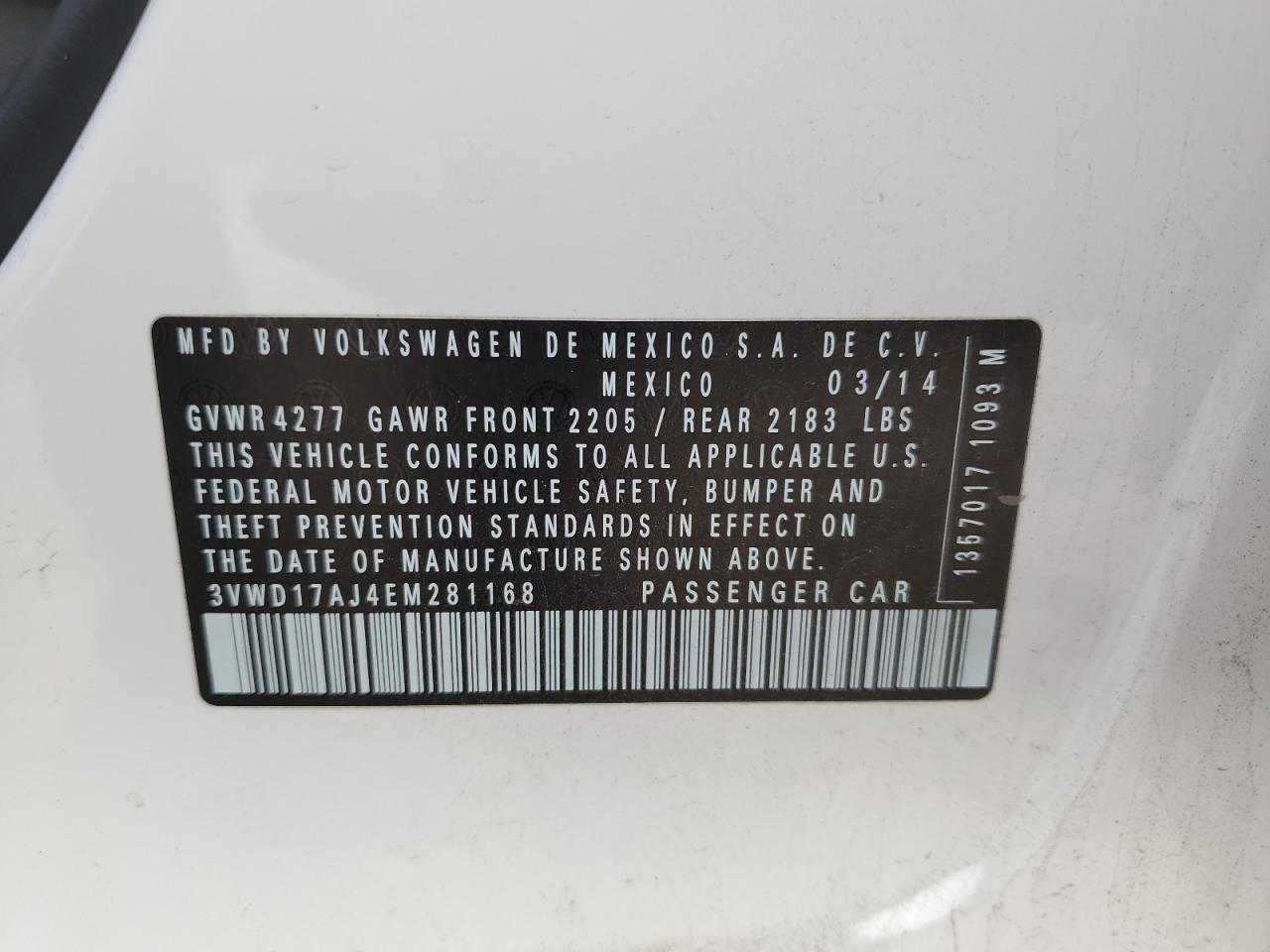 2014 Volkswagen Jetta Se VIN: 3VWD17AJ4EM281168 Lot: 84926495