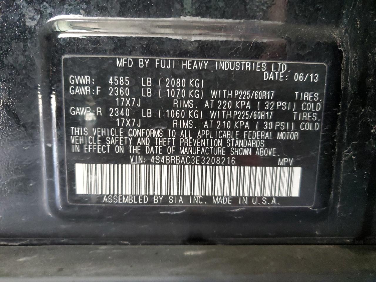 2014 Subaru Outback 2.5I VIN: 4S4BRBAC3E3208216 Lot: 85837035