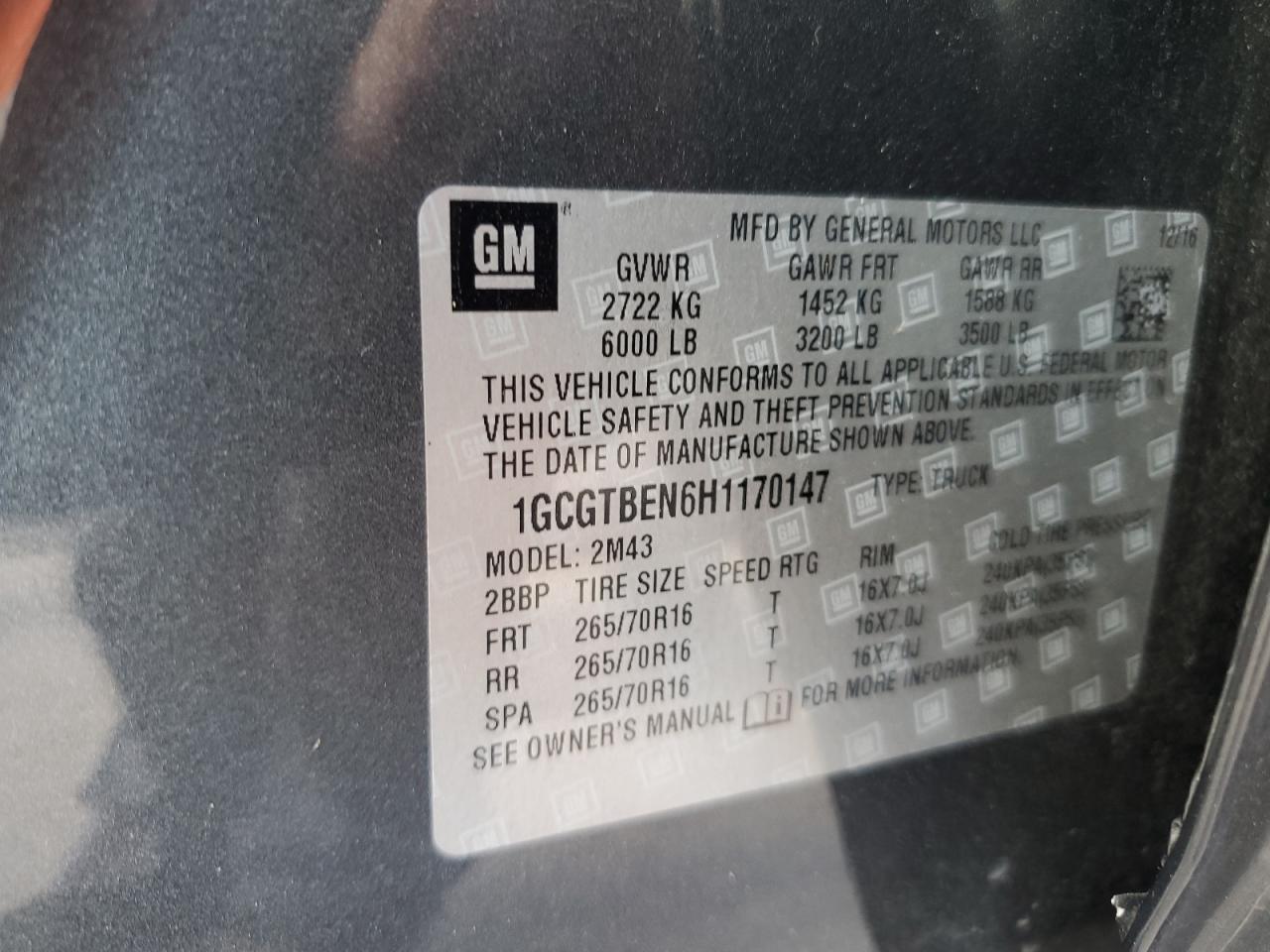 2017 Chevrolet Colorado VIN: 1GCGTBEN6H1170147 Lot: 86239475