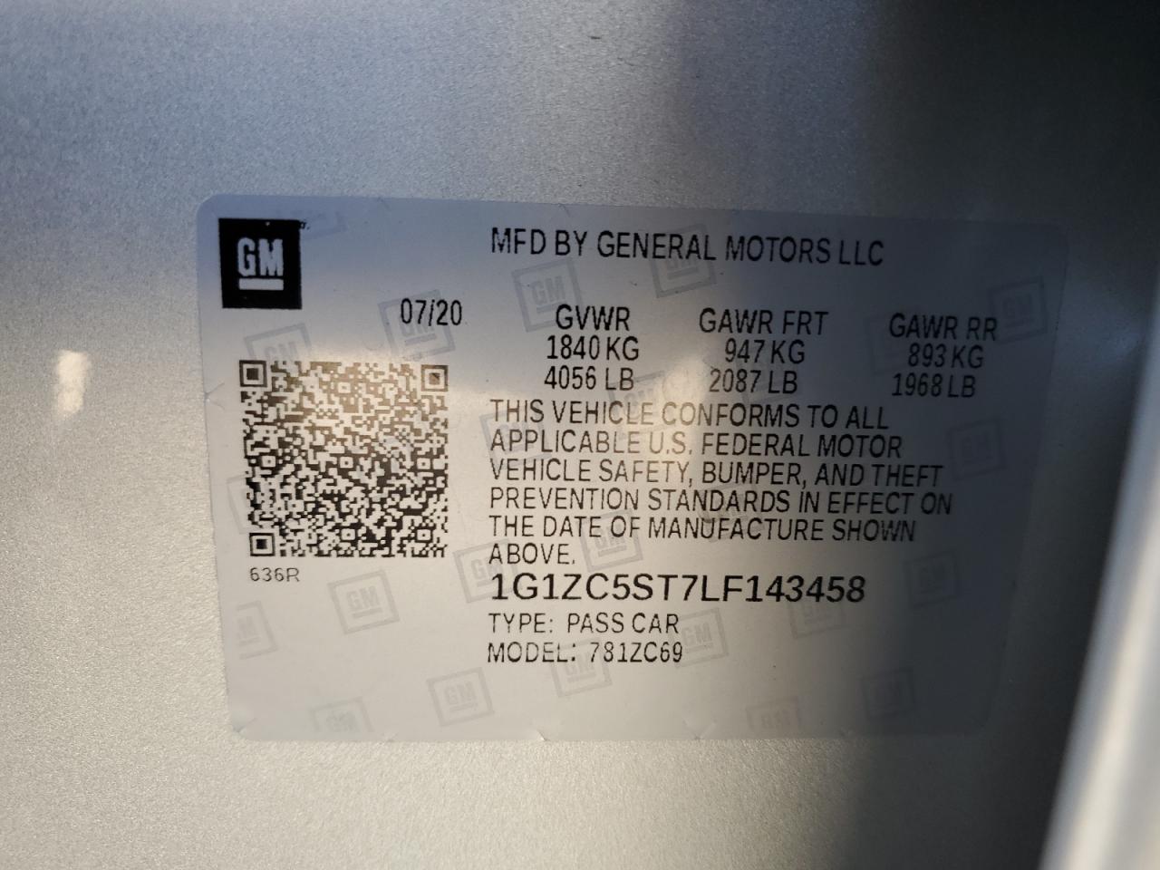 2020 Chevrolet Malibu Ls VIN: 1G1ZC5ST7LF143458 Lot: 85182895