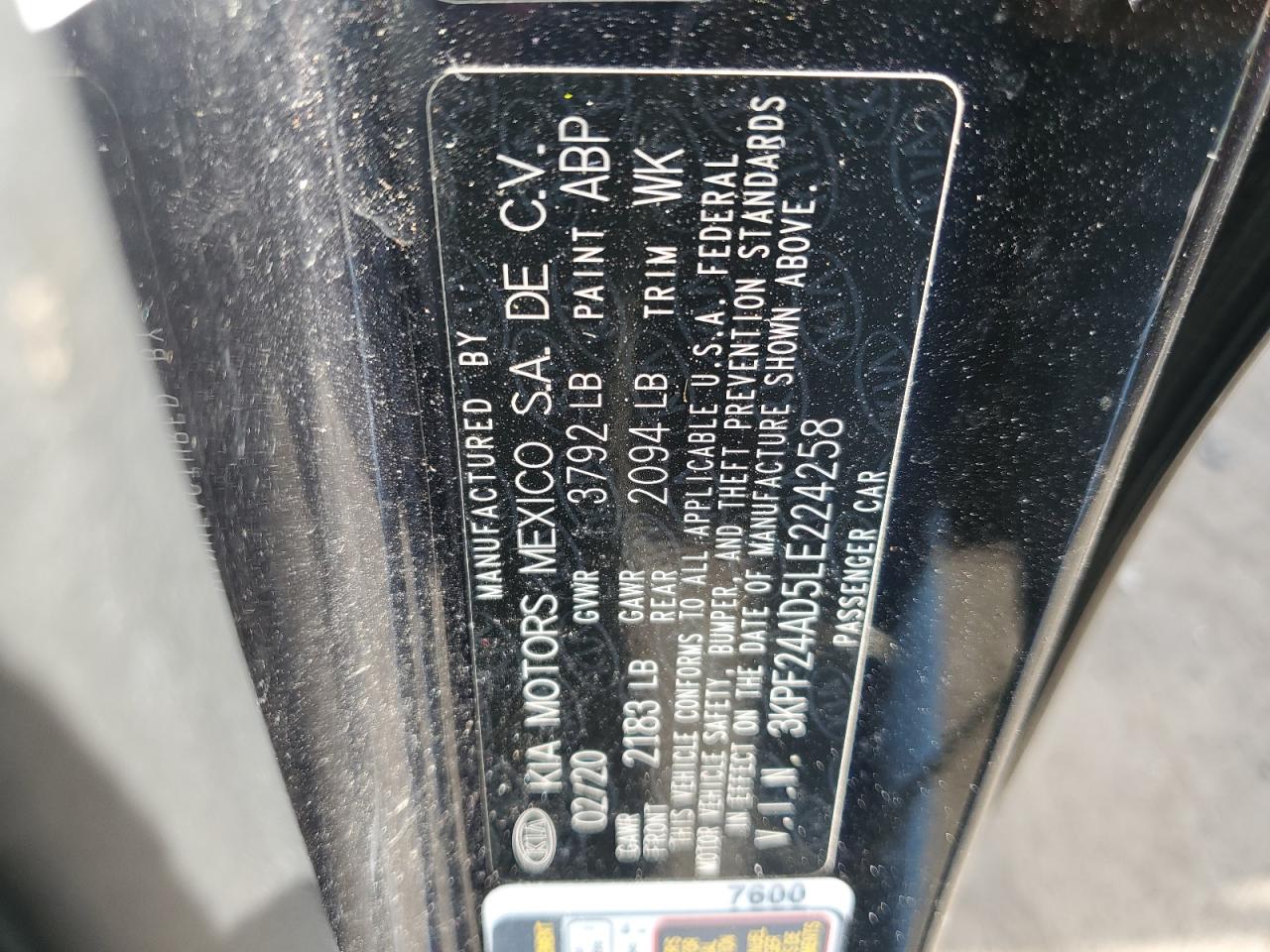 2020 Kia Forte Fe VIN: 3KPF24AD5LE224258 Lot: 87000585