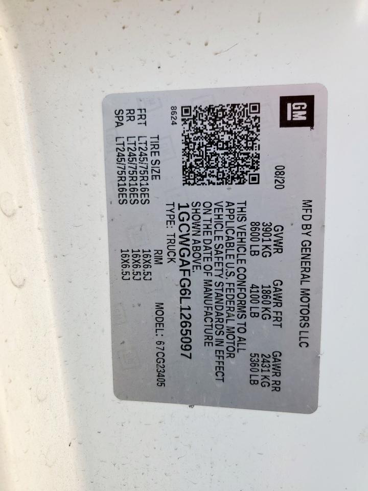 2020 Chevrolet Express G2500 VIN: 1GCWGAFG6L1265097 Lot: 82433085