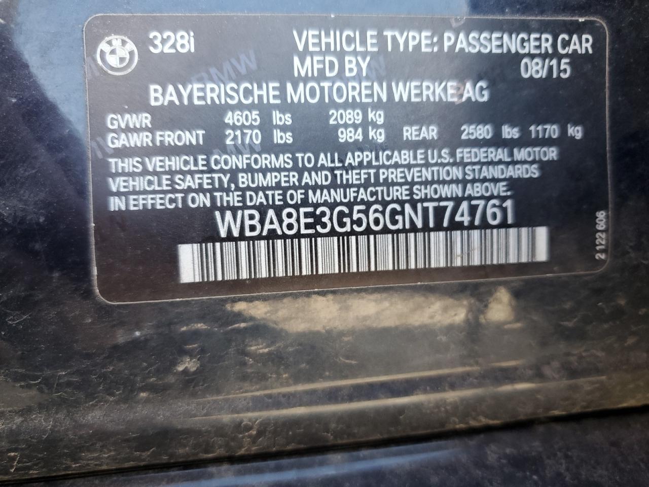 2016 BMW 328 Xi Sulev VIN: WBA8E3G56GNT74761 Lot: 81234925