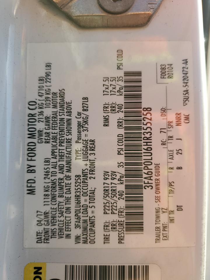 2017 Ford Fusion Se Hybrid VIN: 3FA6P0LU6HR355258 Lot: 90272585