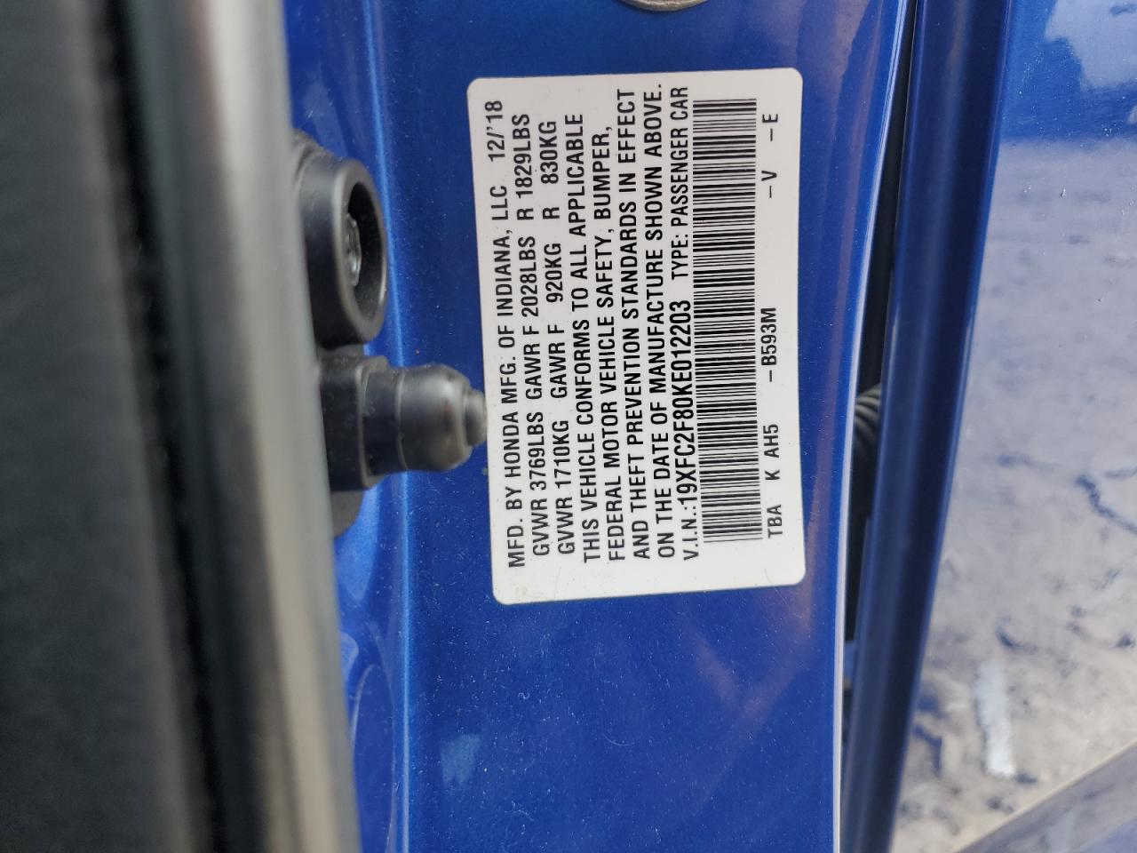 2019 Honda Civic Sport VIN: 19XFC2F80KE012203 Lot: 82374555