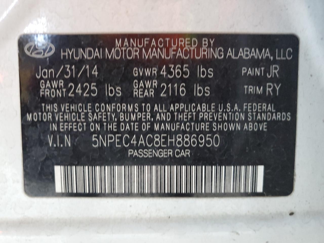 2014 Hyundai Sonata Se VIN: 5NPEC4AC8EH886950 Lot: 84073795