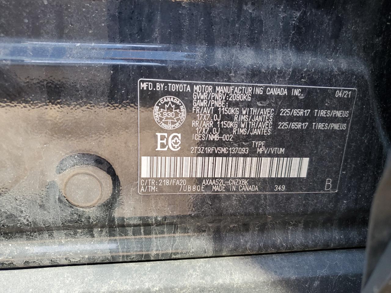 2021 Toyota Rav4 Le VIN: 2T3Z1RFV5MC137093 Lot: 86076485