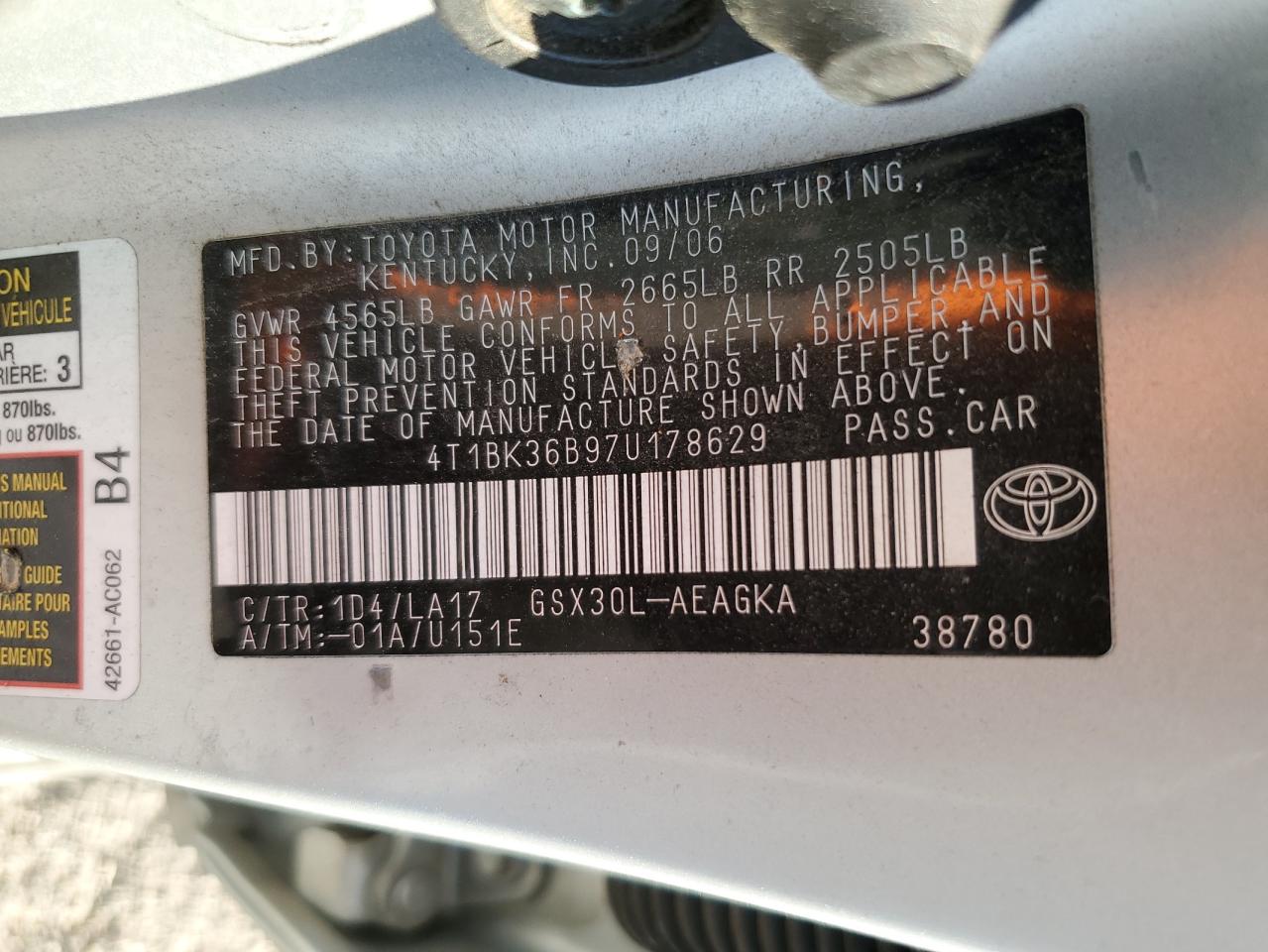 2007 Toyota Avalon Xl VIN: 4T1BK36B97U178629 Lot: 90534235