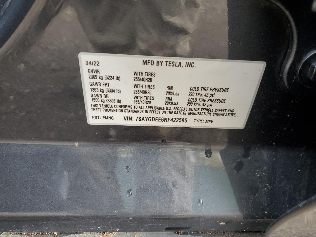 2022 Tesla Model Y VIN: 7SAYGDEE6NF422585 Lot: 89709255