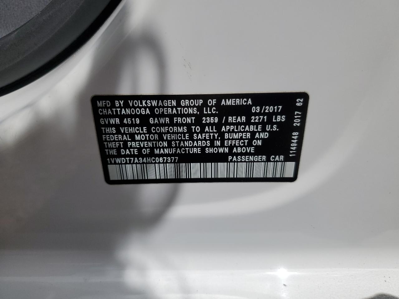 2017 Volkswagen Passat R-Line VIN: 1VWDT7A34HC067377 Lot: 84054685