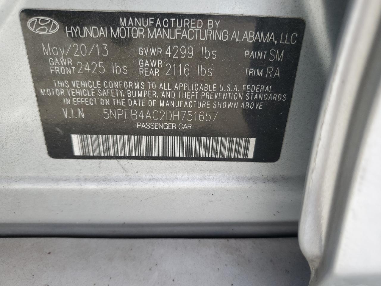 2013 Hyundai Sonata Gls VIN: 5NPEB4AC2DH751657 Lot: 82357185