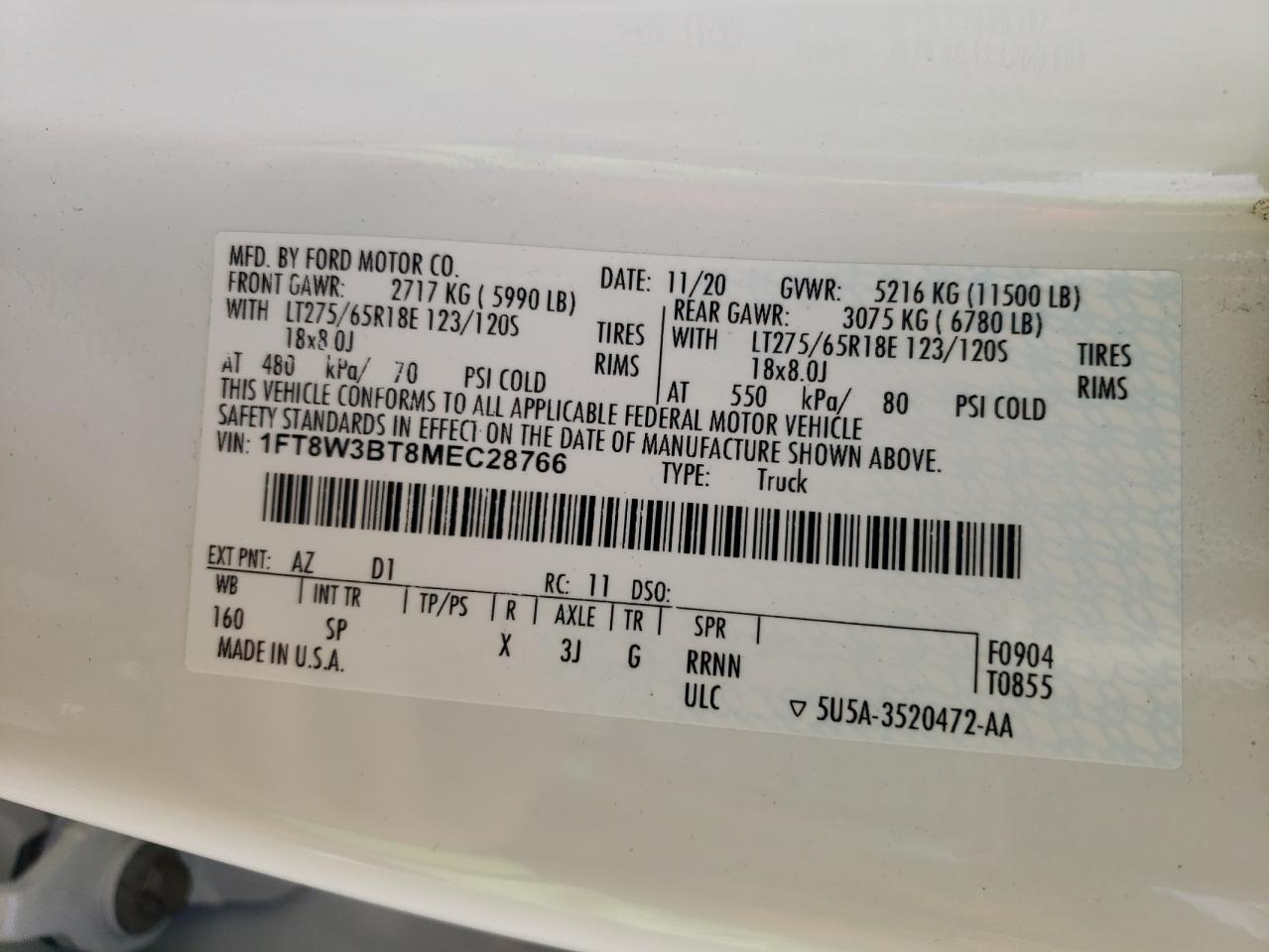 2021 Ford F350 Super Duty VIN: 1FT8W3BT8MEC28766 Lot: 89491095